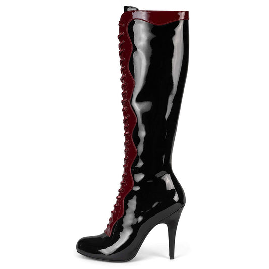 Black & Red Patent Leather Lace-Up Stiletto Heel Knee High Boots