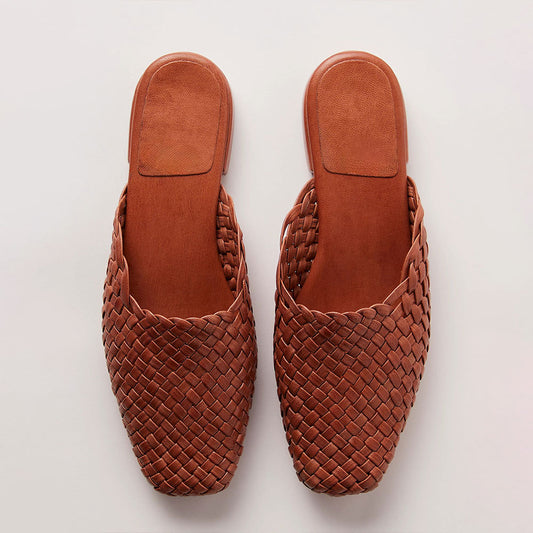 Brown Vegan Leather Square-Toe Woven Slip-On Lady's Formal Flats