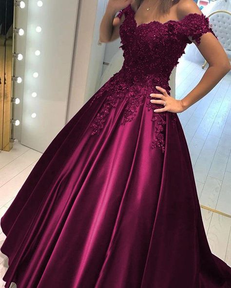 Lace Flower Off The Shoulder Satin Prom Dresses Ball Gowns cg20411