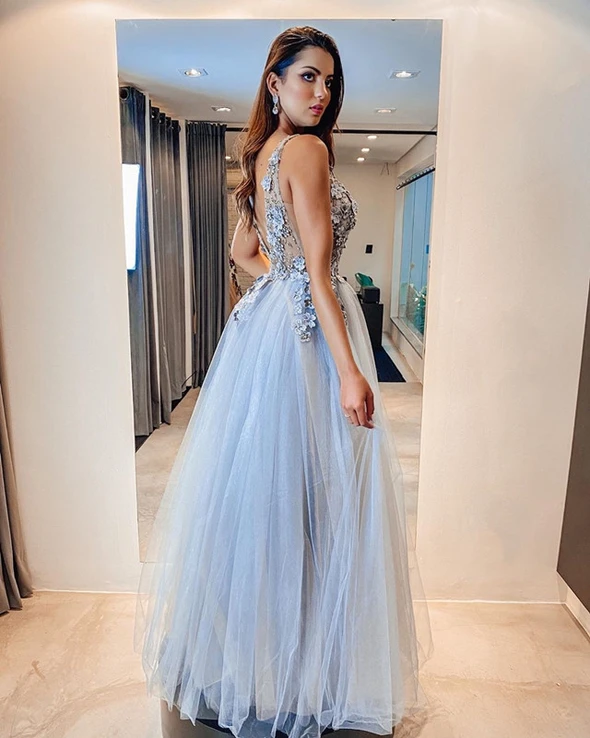 Tulle Prom Dresses V Neck 3D Lace Flowers Beaded cg20422