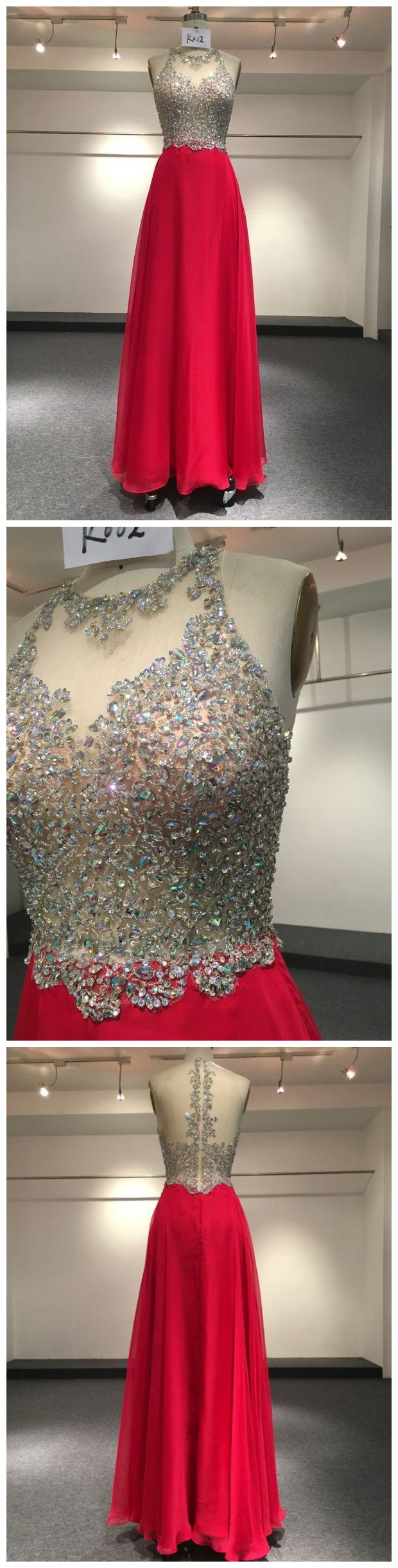 Gorgeous Real Sample Sleeveless O-neck High Collar Crystals And beadings Red Sexy Evening prom Dress cg20424