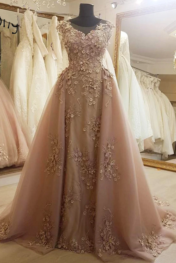 Deep champagne tulle cap sleeve long formal prom dress, evening dress with applique cg20427