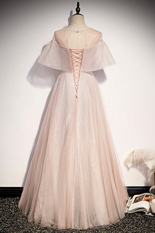 PINK TULLE LONG A LINE PROM DRESS PINK EVENING DRESS cg20428