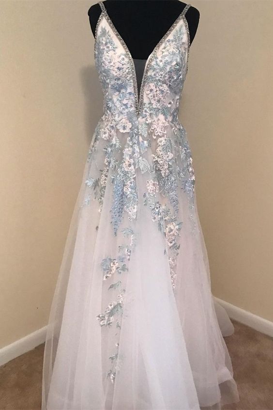 A-line white and blue floral embroidered long prom dress formal dress cg20430