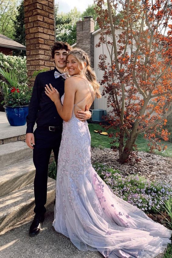 2021 Mermaid Lavender Tulle and Lace Appliqued Long Prom Dress with Train and Lace Up Back cg20443