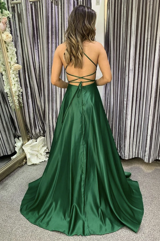 Green satin long A line prom dress evening dress cg20446