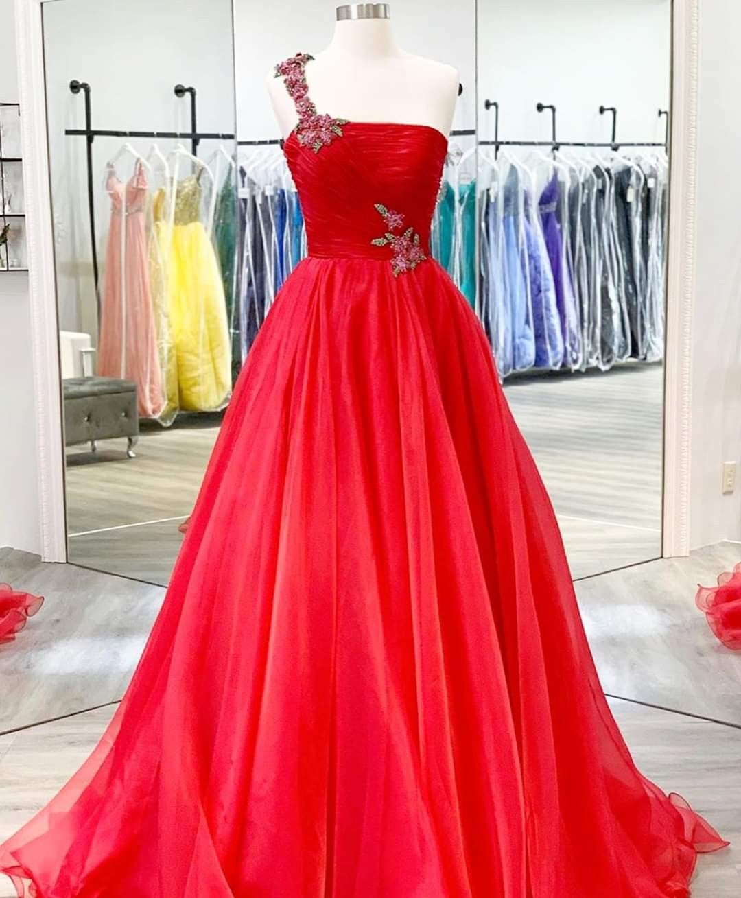 2021 red one shoulder prom dress pleated formal dress cg20795
