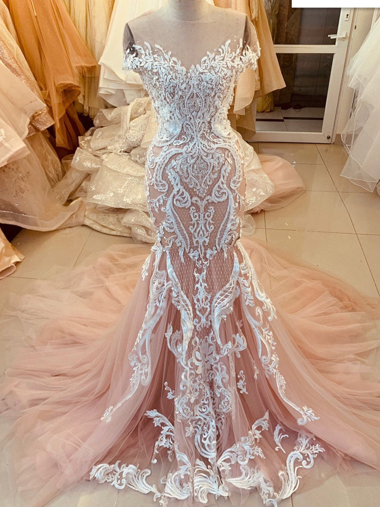 pink lace applique cap or long sleeves fishtail/mermaid wedding dress with train, Prom Gown cg20990