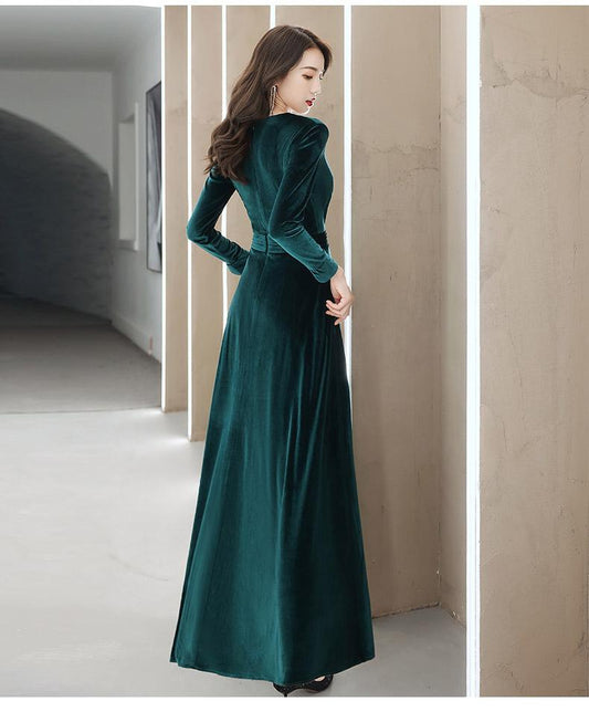 Elegant Velvet Long Sleeves V-Neckline Prom Dress. Velvet Bridesmaid Dress Party Dress cg21074