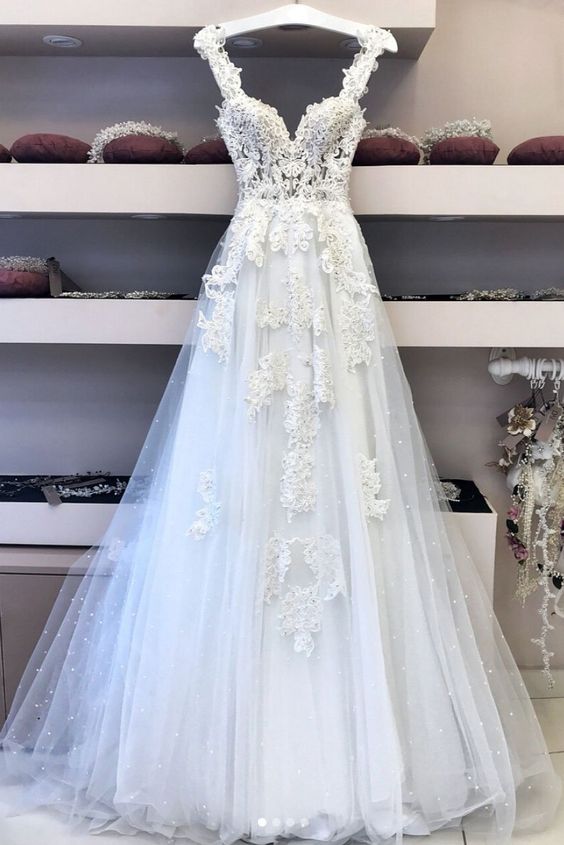 White v neck lace tulle long wedding dress, lace prom dress cg21190
