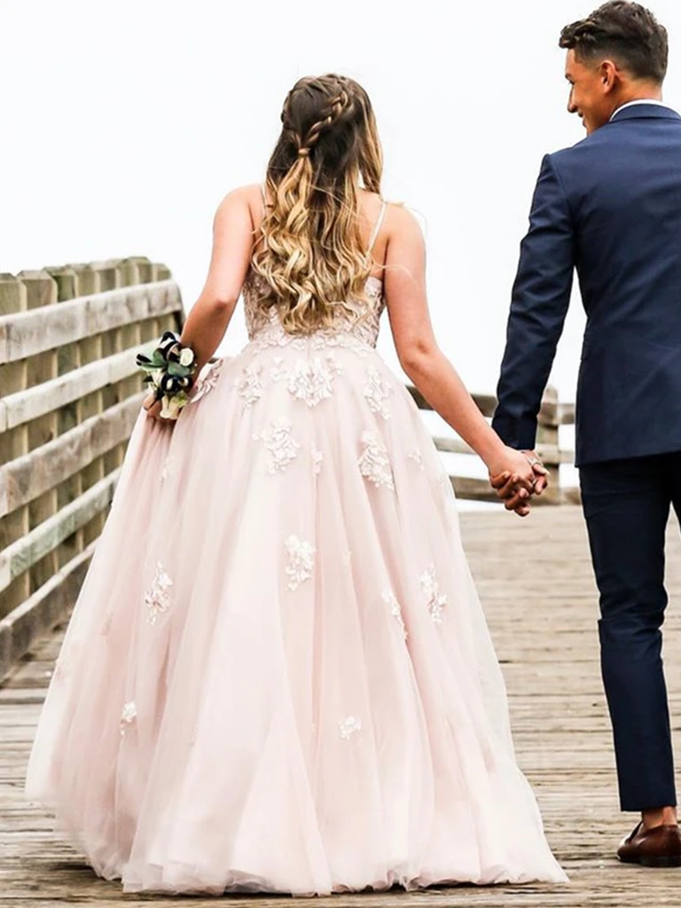 A Line V Neck Open Back Dusty Pink Lace Long Prom Dresses, Dusty Pink Lace Long Formal Evening Dresses, Pink Wedding Dresses cg21320