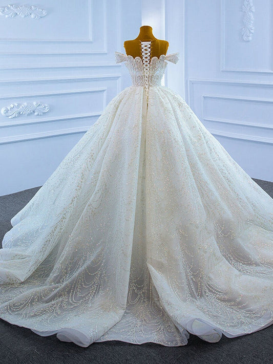 White Ball Gown Tulle Sequins Scoop Pearls Wedding Dress Party prom Dresses cg21368
