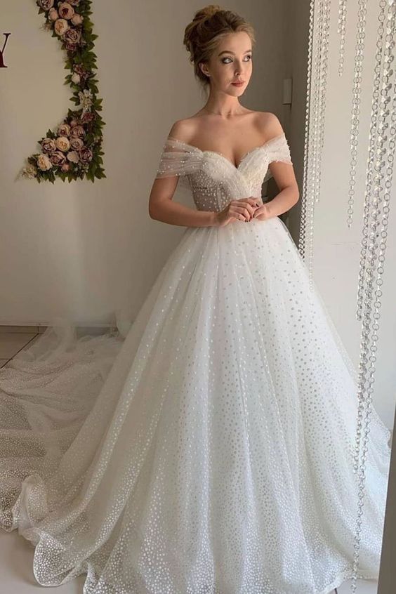 sparkly wedding dresses, off shoulder wedding dresses, ball gown prom dress,custom made cg22243