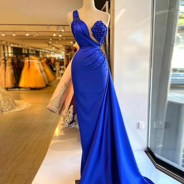 Royal Blue Mermaid Evening Dresses One Shoulder Ruched Prom Gowns cg22404