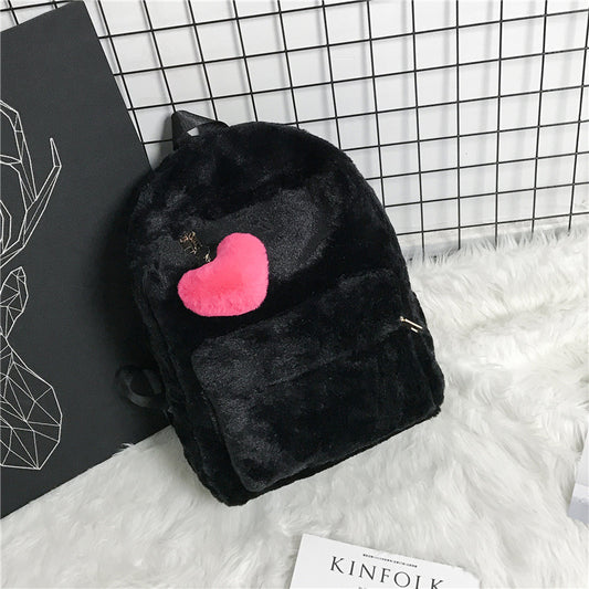 Women Casual Zipper Heart Pendant Design Solid Color Plush Large Capacity Backpack