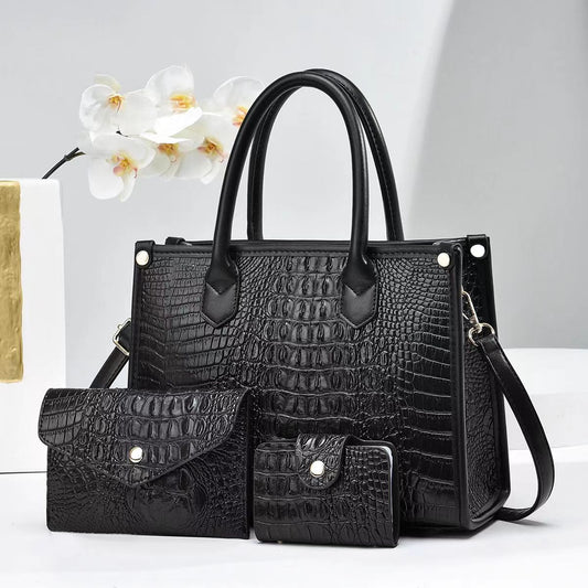 Women'S Vintage Crocodile-Embossed Large-Capacity Handbag Three-Piece Set