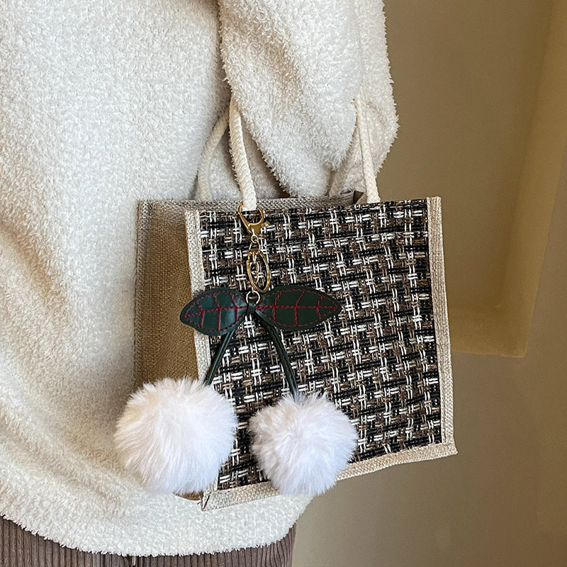 Women Fashion Casual Color Block Cherry Pendant Linen Tote Bag