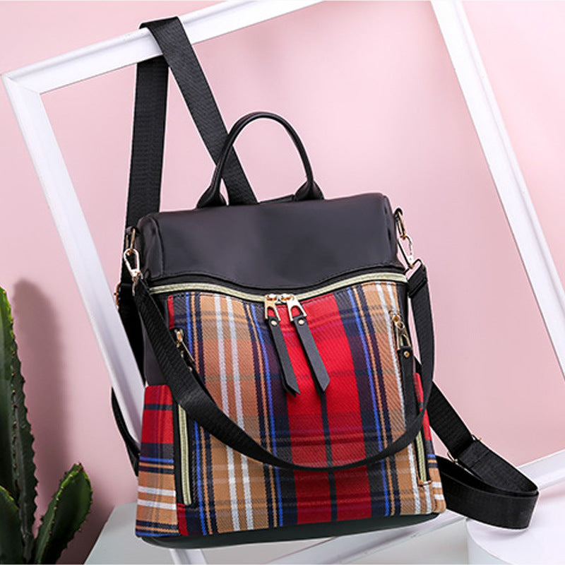 Nylon Travel Outdoor Waterproof Women Casual Zipper Design Plaid Pattern Solid Color Large Capacity Backpack