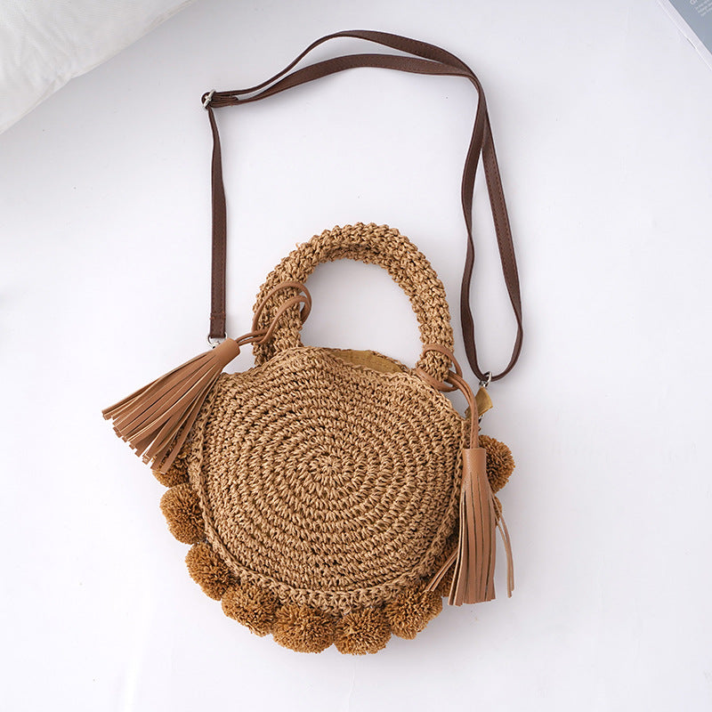 Sac à main en paille tissée avec pendentif pompon simple et tendance