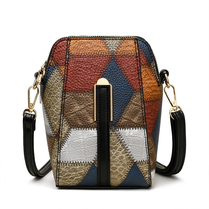 Sac à bandoulière en PU à motif patchwork de diamants et blocs de couleurs irréguliers pour femmes