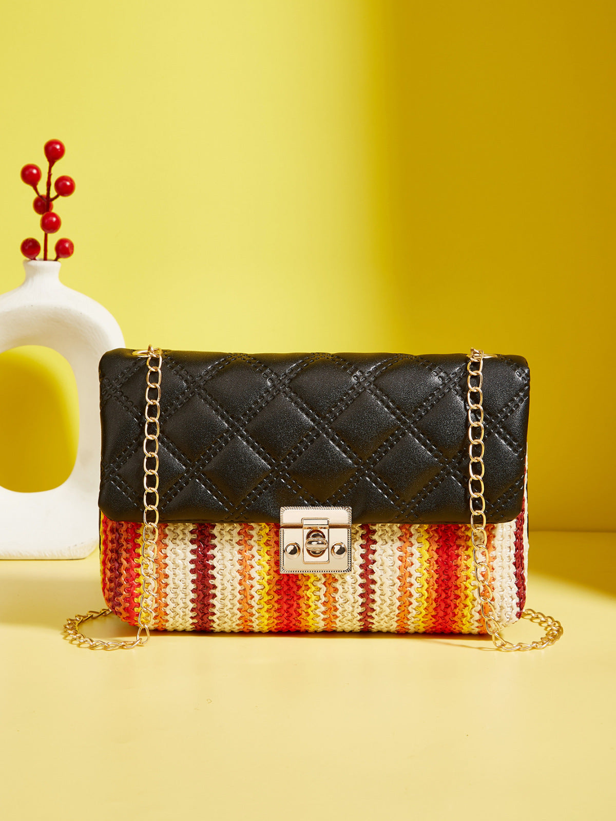 Sac à bandoulière carré en diamant tissé multicolore pour femme