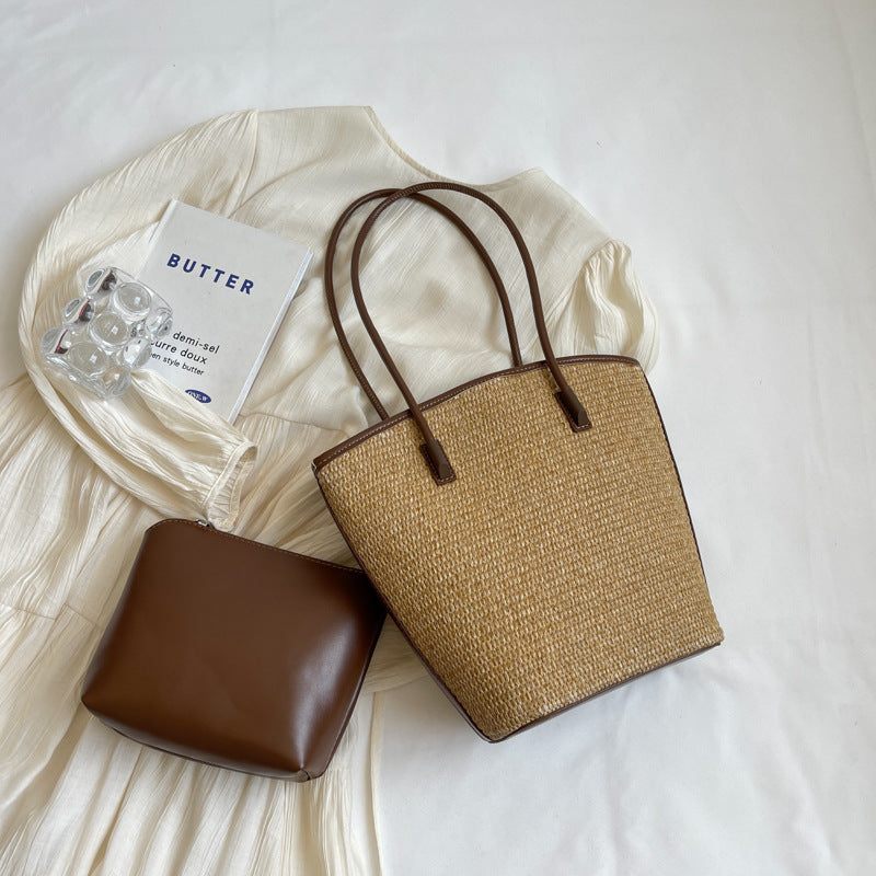 Women Fashionable Straw Woven Large Capacity Shoulder Tote Bag