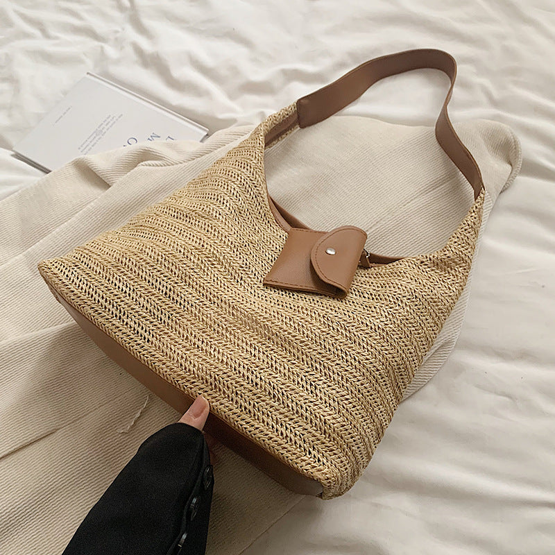 Women Fashion Casual Large Capacity Contrast Color Hand Woven Tote Bag