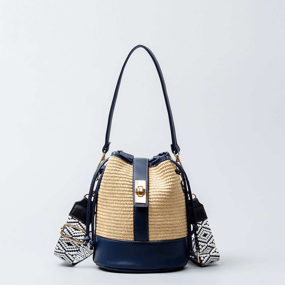 Women Bohemian Grass Woven Wide-Brimmed Jacquard Strap Drawstring Shoulder Bag