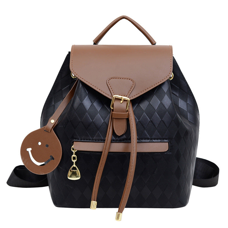 Women Fashion Rhombic Printed Smiley Face Pendant Large Capacity Backpack