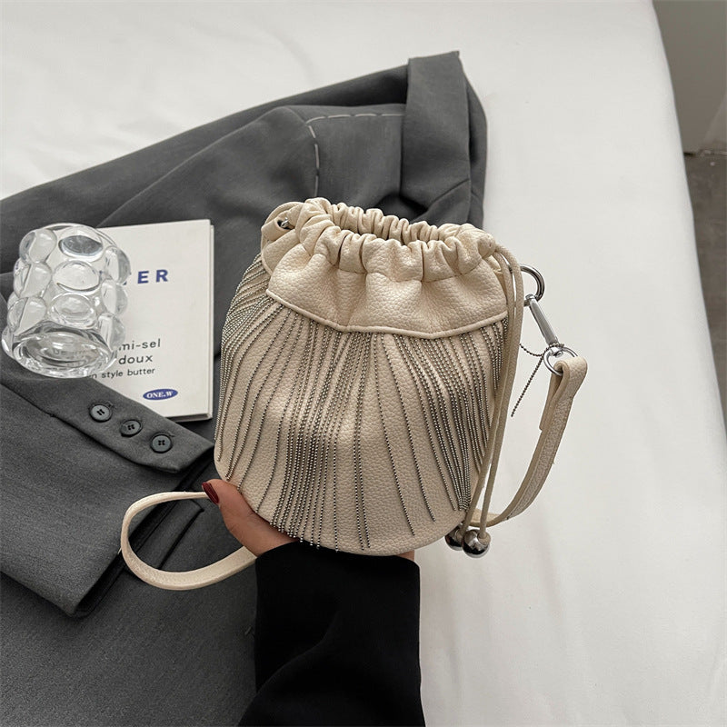 Women Fashion Casual Solid Color Tassels Bucket Shoulder Bag