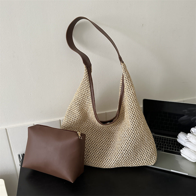 Sac à bandoulière tissé tendance pour femme, idéal pour les loisirs, la plage, les voyages, la plage, 2 en 1