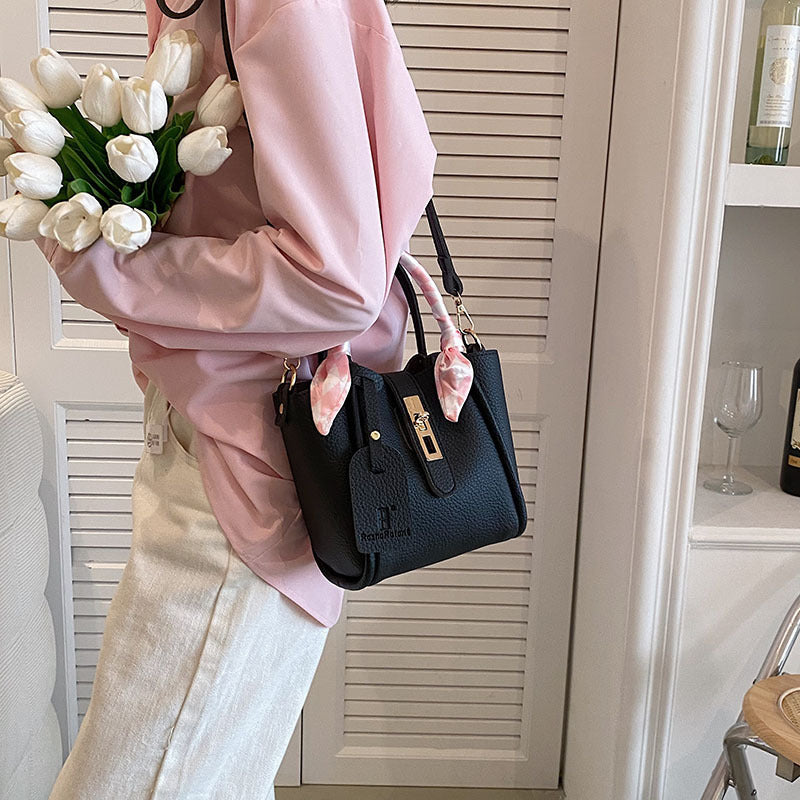 Women Simple Fashion Silk Scarf Decorative Lock PU Handle Shoulder Bag