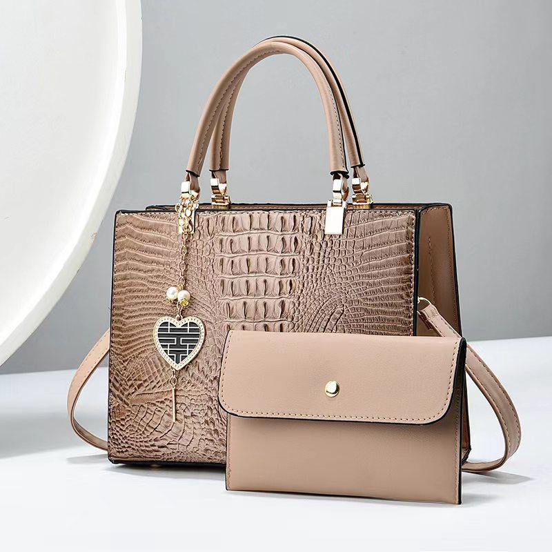 Women Fashion Bright Leather Crocodile Stone Pattern Large Capacity Handbag Set