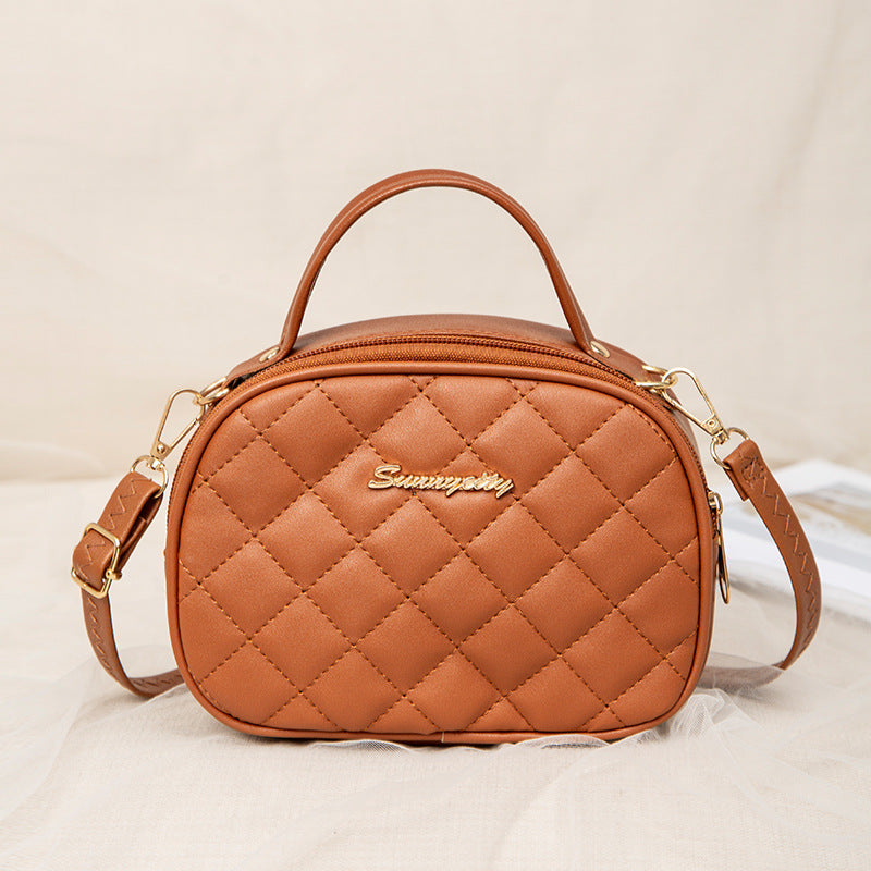 Women Fashion Casual Solid Color Metal Letter Quilted Zipper Handle PU Crossbody Bag