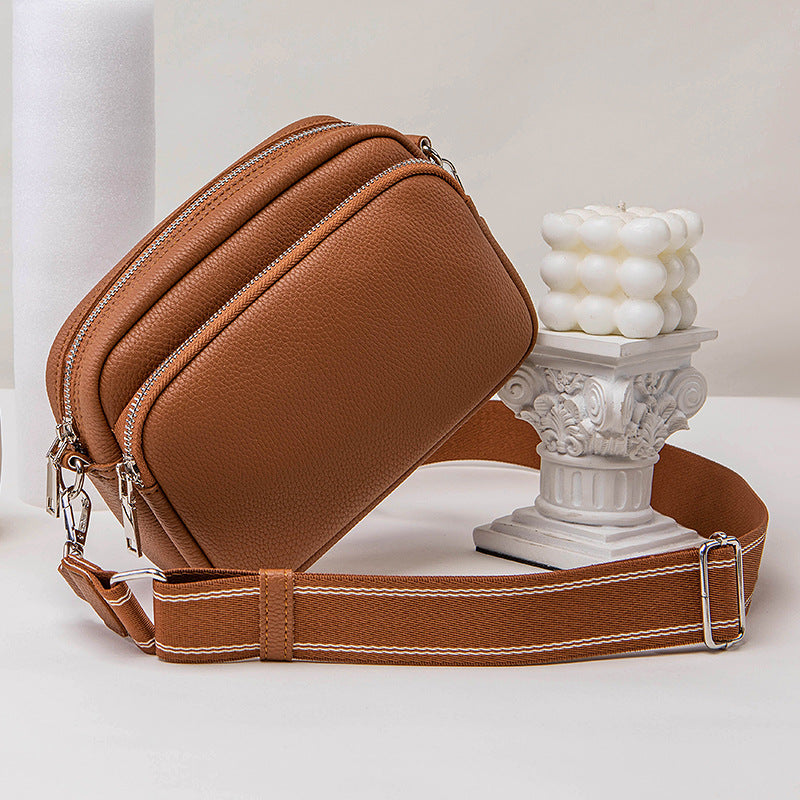 Sac à bandoulière carré à double fermeture éclair et large bandoulière pour femme, couleur unie