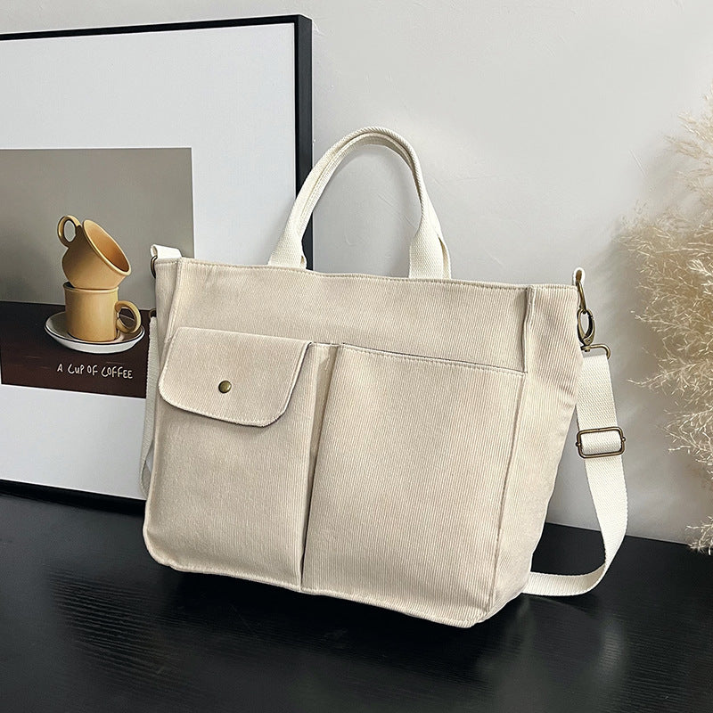 Women Casual Simple Solid Color Large Capacity Corduroy Handbag