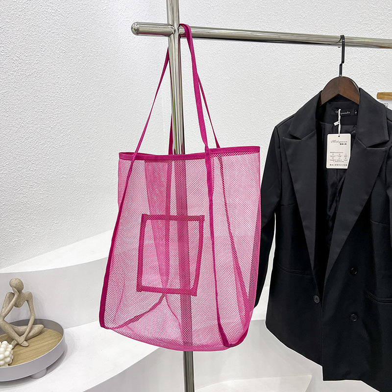 Fashion Solid Color Mesh Transparent Large Capacity Shopping Beach Bag