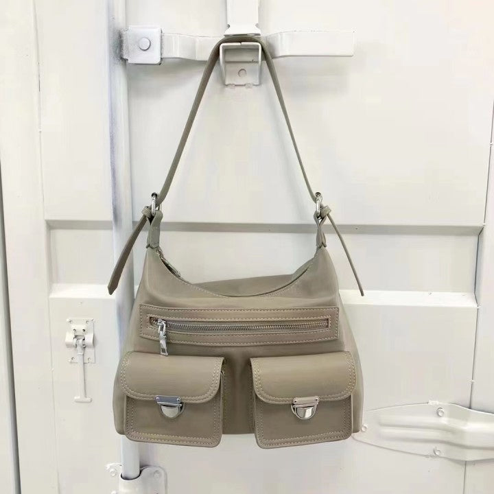 Women Fashion Simple Solid Leather Large Capacity Shoulder Zipper Underarm Bag