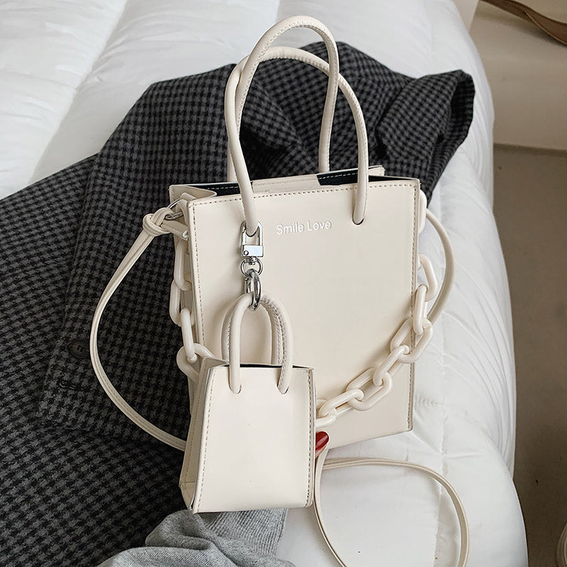 2 In 1 Women Fashion Basic Chain Decorative Solid Color PU Handle Bag