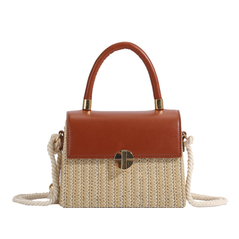 Sac à bandoulière carré en paille tissée à rabat pour femme, simple, avec poignée en corde de chanvre, pour l'été