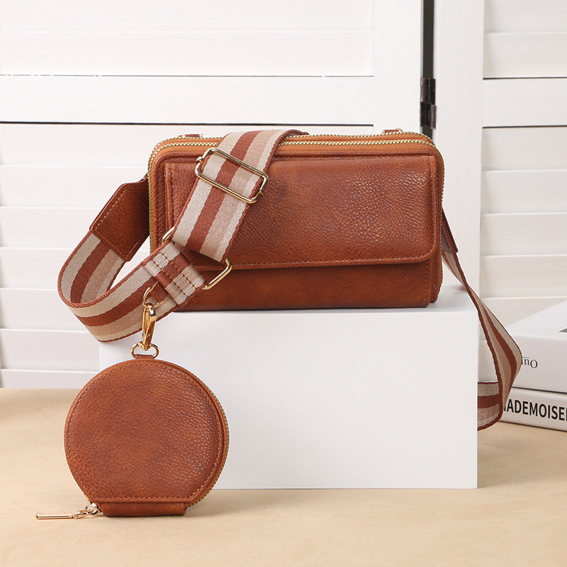 Sac à bandoulière carré en PU pour femme, multifonction, à la mode, avec fermeture éclair, porte-monnaie, pendentif, large bandoulière latérale