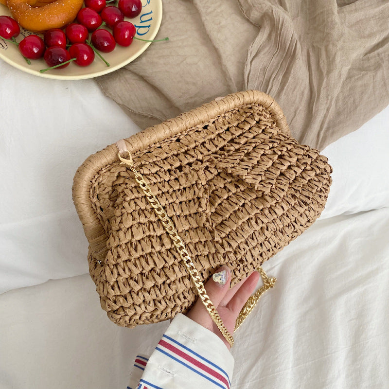 Women Fashion Casual Solid Color Knitted Chain Clutch Crossbody Bag