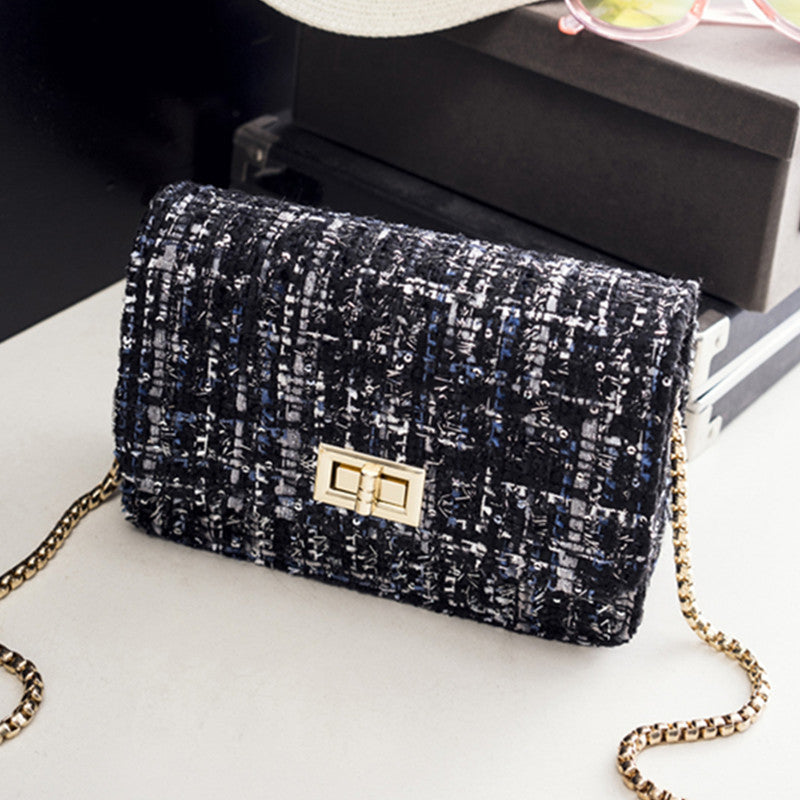 Women Fashionable Woolen Plaid Flap Lock Square Chain Crossbody Bag