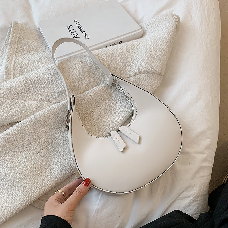 Women Chic Zipper Design Crescent Shape Solid Color PU Underarm Bag