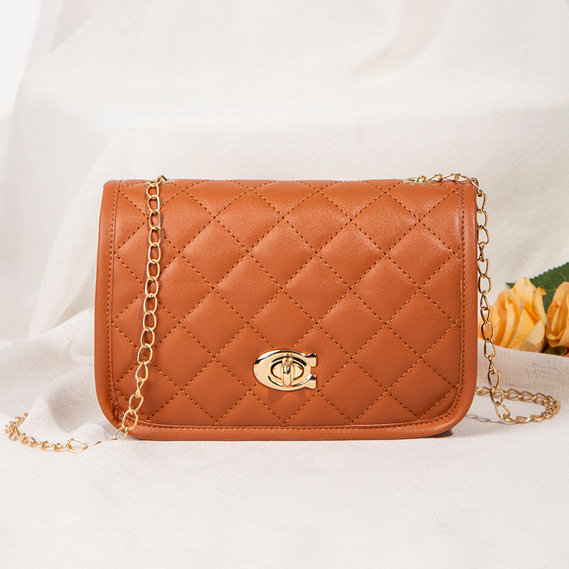Women Fashion Simple Solid Color Metal Buckle Flap Quilted Square Chain Crossbody Bag