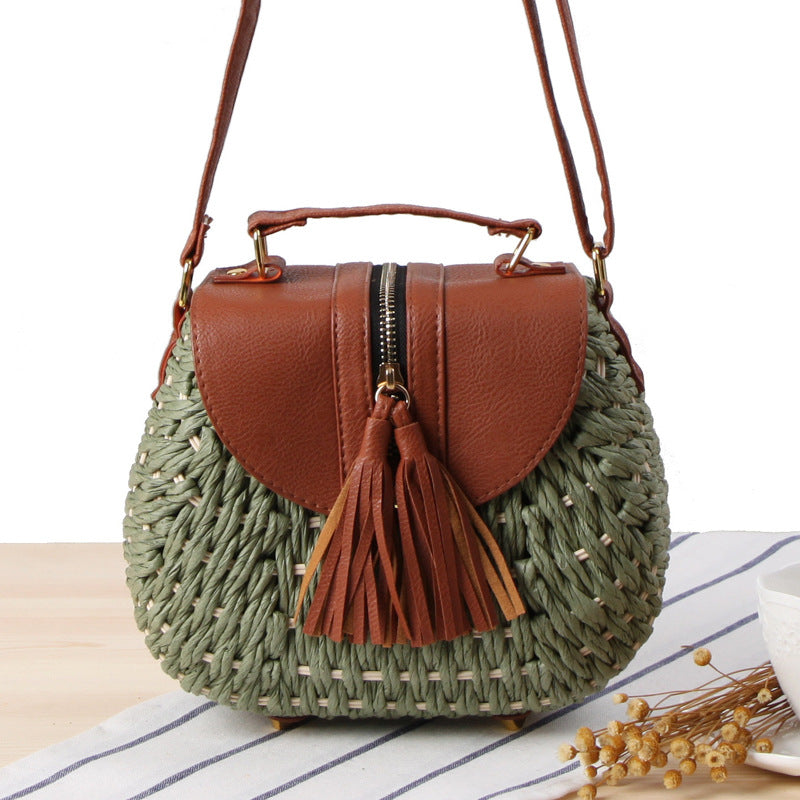 Women Fashion Simple Vacation Beach Straw Woven Color Block Tassel Zipper Flap Shoulder Bag