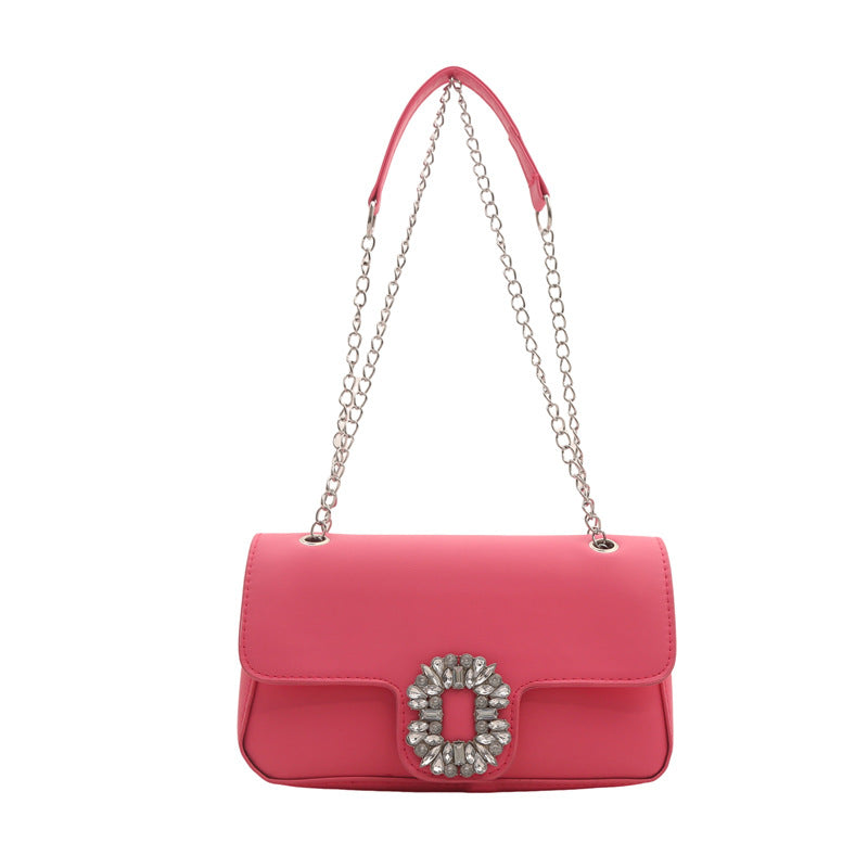 Sac à bandoulière carré élégant et tendance avec boucle en strass de couleur unie