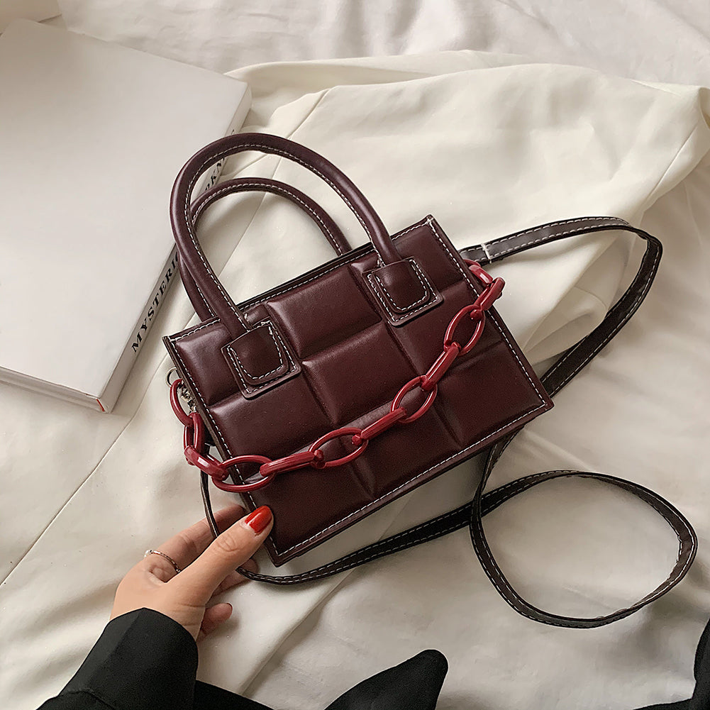 Women Fashion Chain Decorative Plaid Embossed Solid Color PU Crossbody Bag