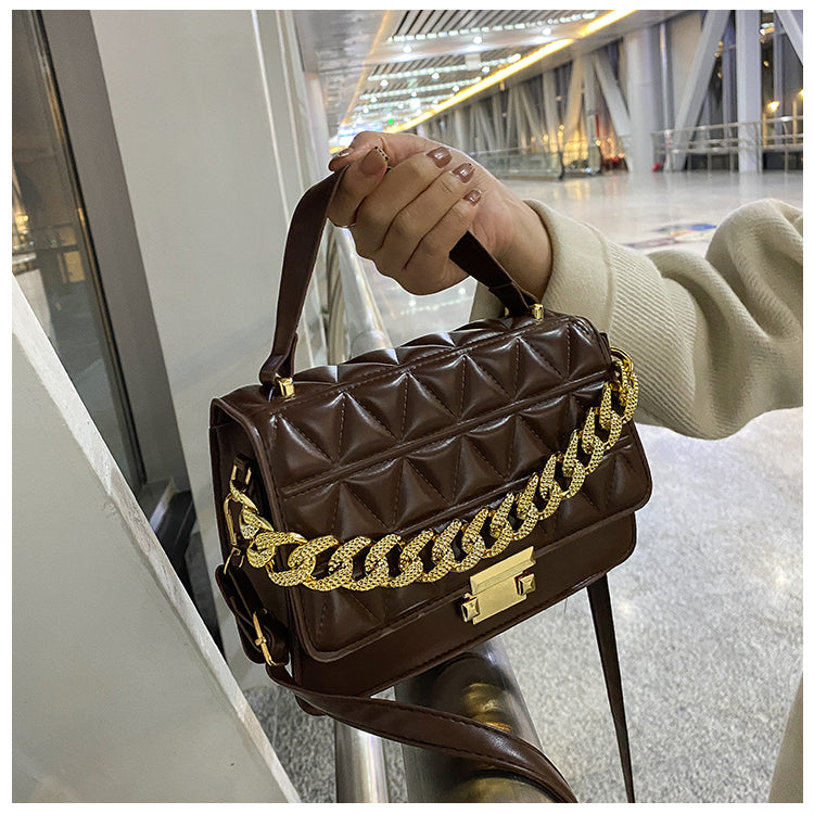 Women Casual Chain Design Rhombus Embossing Solid Color PU Crossbody Bag