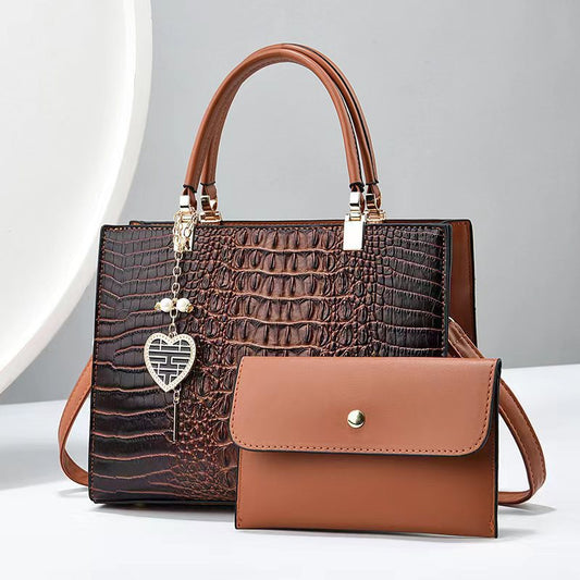 Women Fashion Bright Leather Crocodile Stone Pattern Large Capacity Handbag Set